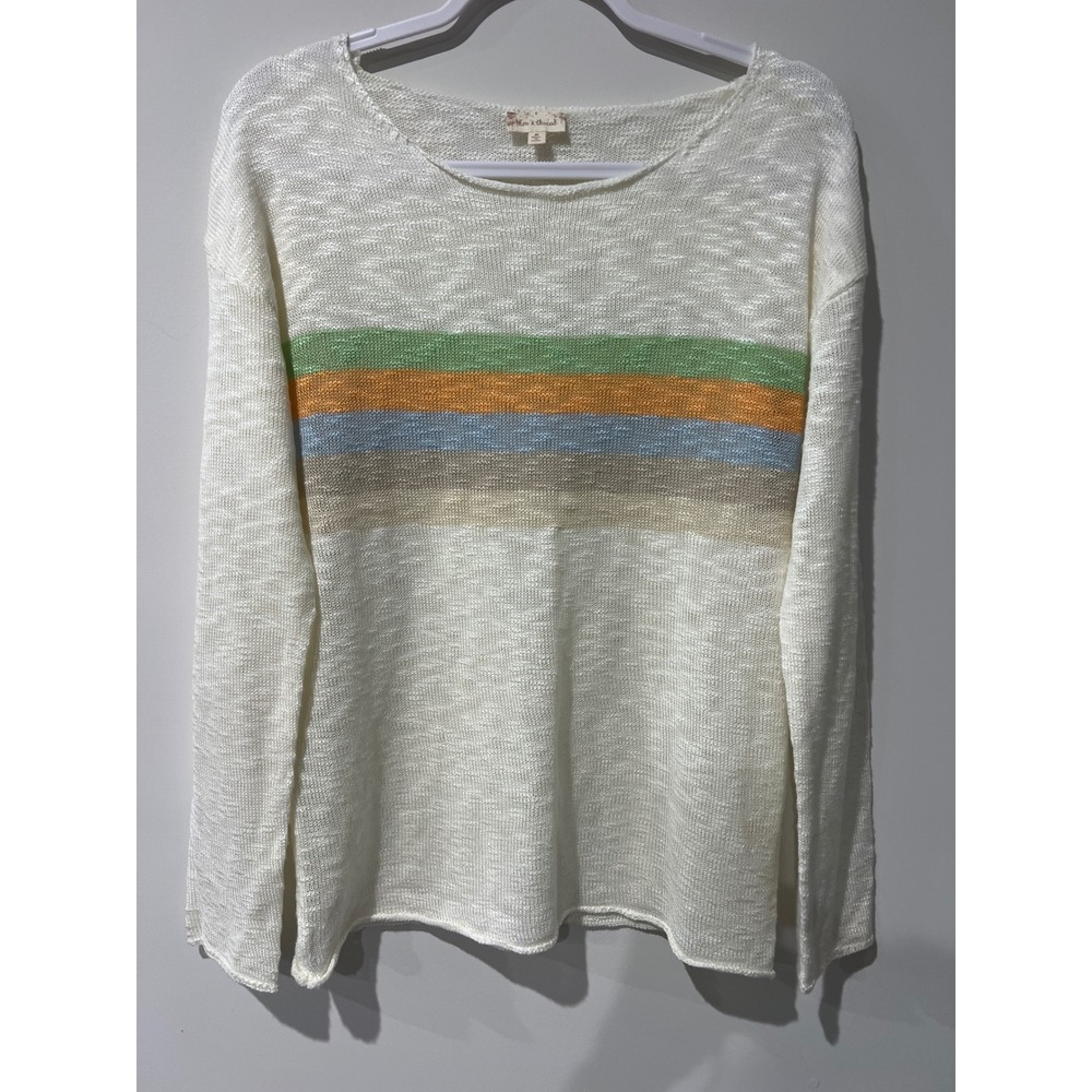 Hem and Thread Striped Lightweight Knit Sweater Cream Orange Green Blue M‎ NWOT